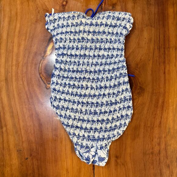 Vintage 60s 70s 1 Piece Swimsuit E-Stewart Beach Strapless Fish Cotton Ruched - Picture 1 of 5